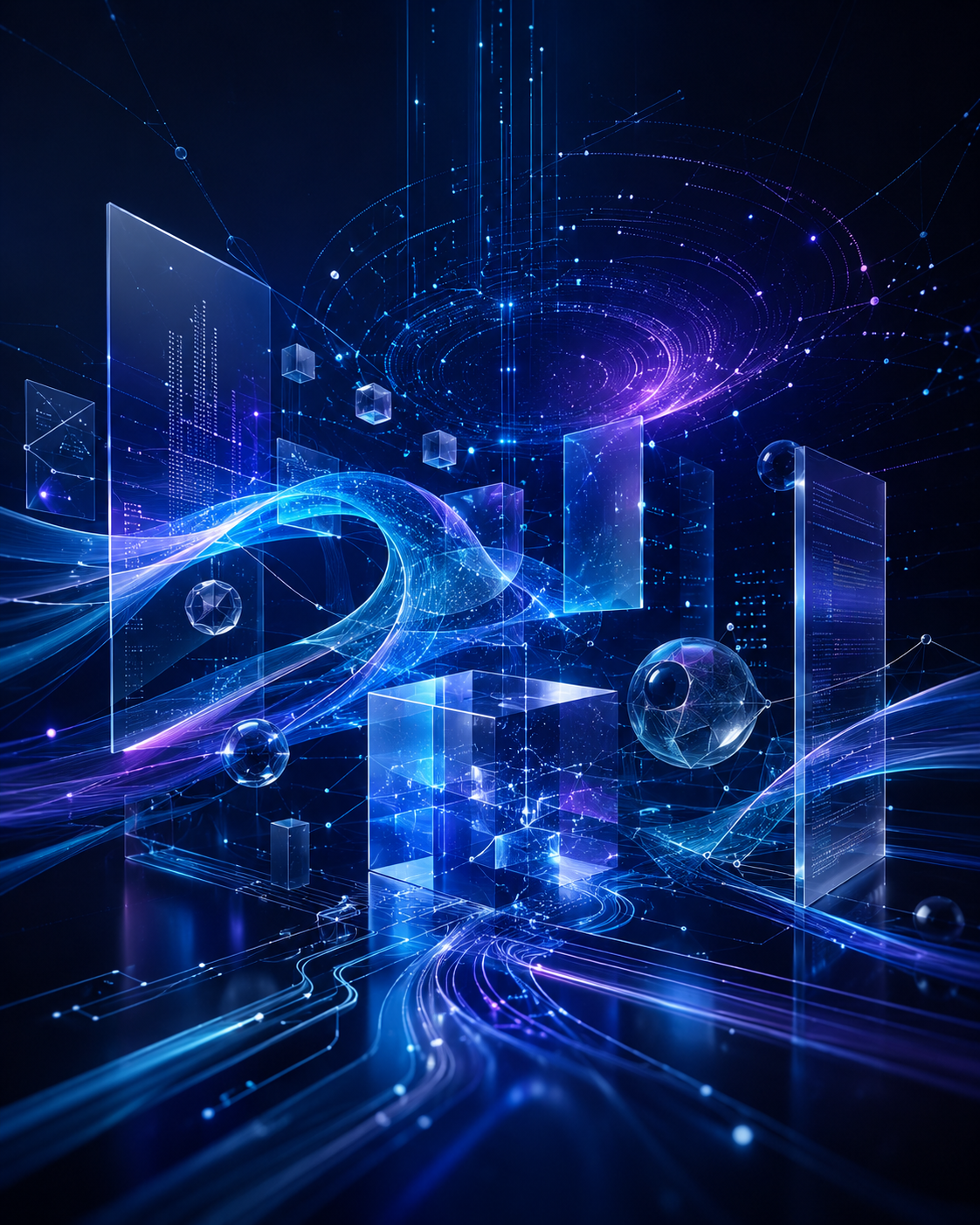 Abstract digital architecture with floating cubes and network lines